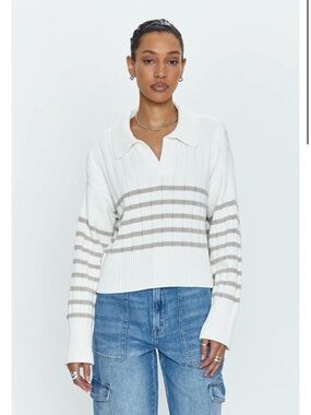 Pistola Arlo Sweater: Striped Collared Knit Sweater - White & Light Taupe